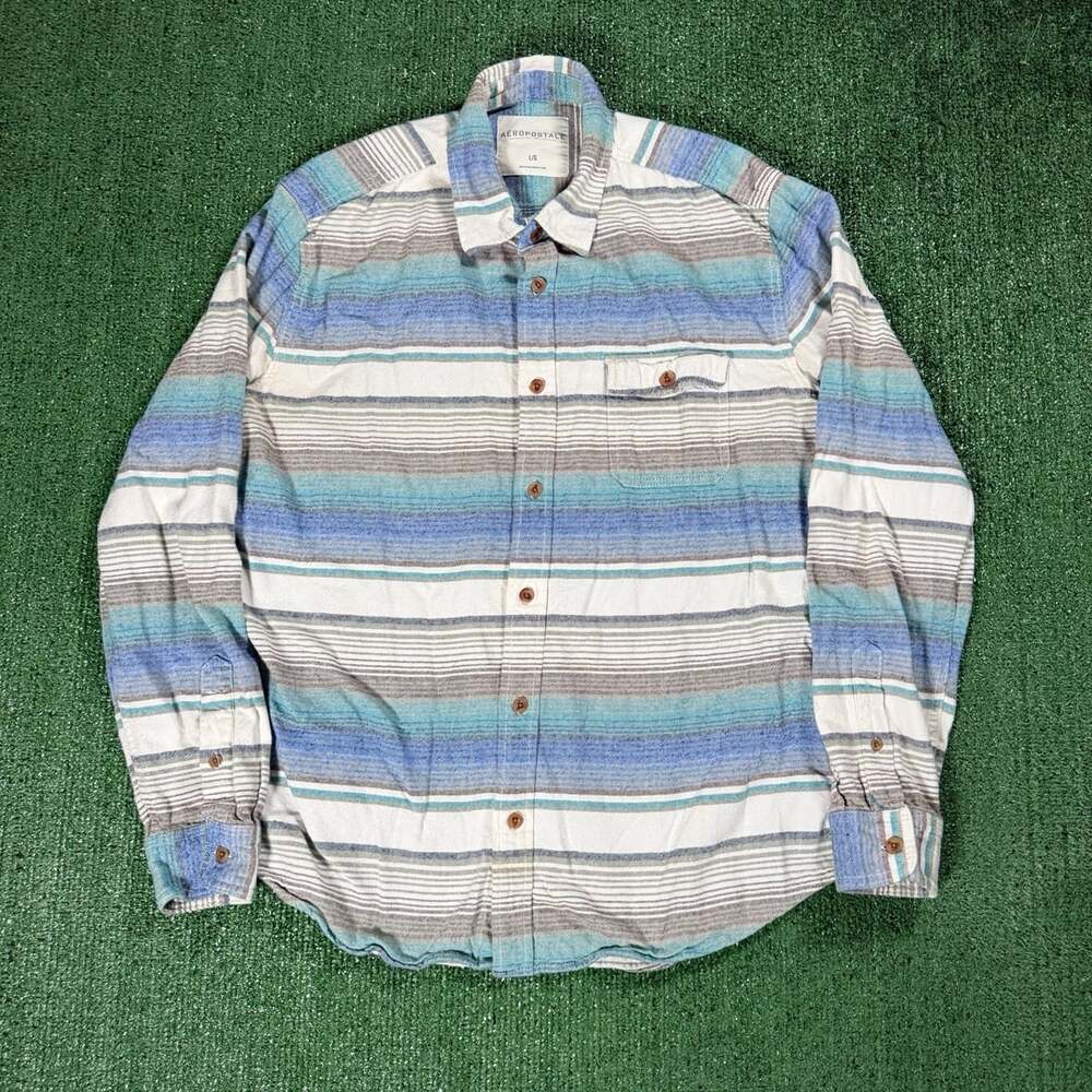 Y2K Aeropostale Long Sleeve Striped Button Up Shirt Size Large Blue Gray White